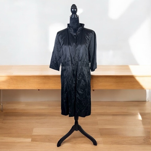 Eileen Fisher Dresses & Skirts - Eileen Fisher Satin Metallic Snap Front Ruffle Neck Dress in Black Size Large